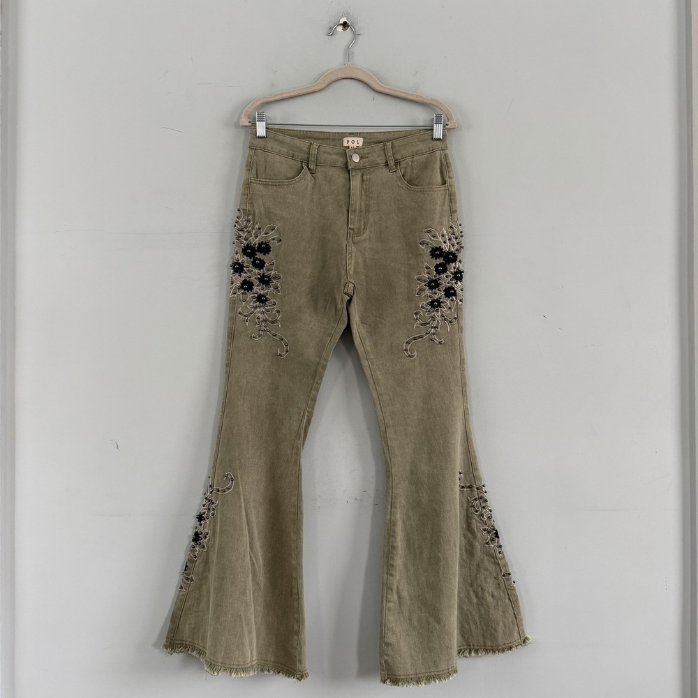 NWT POL Glamour Groove Floral‎ Embroidered Beaded Boho Green Flare Jeans - Picture 5 of 8